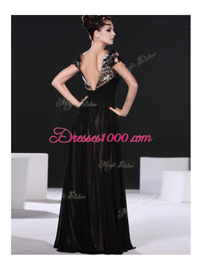 Fabulous Floor Length Black Prom Gown Scoop Cap Sleeves Backless