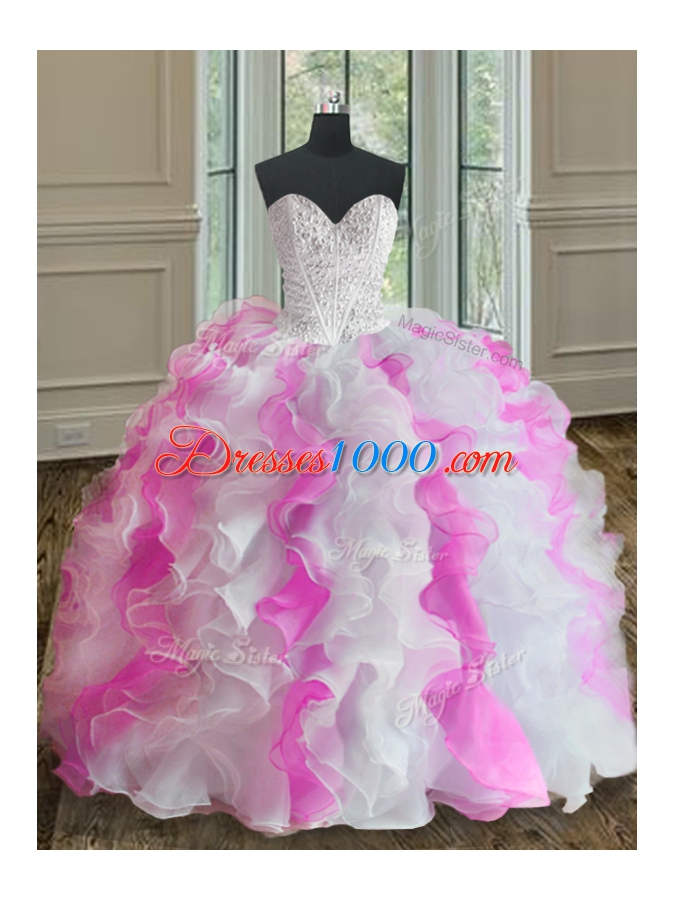 Fantastic Floor Length White and Pink Quince Ball Gowns Organza Sleeveless Beading and Ruffles