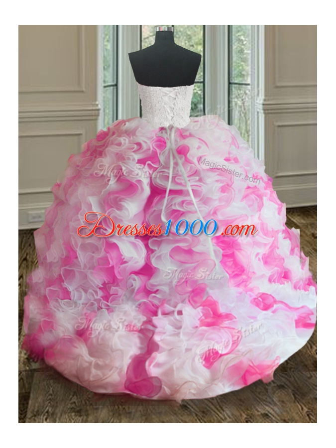 Fantastic Floor Length White and Pink Quince Ball Gowns Organza Sleeveless Beading and Ruffles