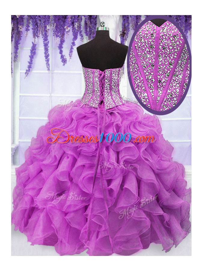 Fine Four Piece Sequins Floor Length Fuchsia Quinceanera Dress Sweetheart Sleeveless Lace Up