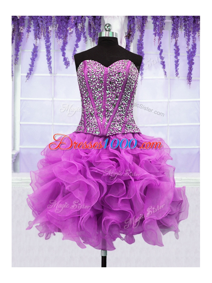 Fine Four Piece Sequins Floor Length Fuchsia Quinceanera Dress Sweetheart Sleeveless Lace Up