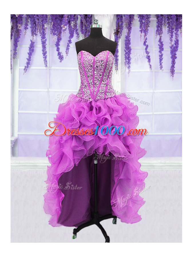 Fine Four Piece Sequins Floor Length Fuchsia Quinceanera Dress Sweetheart Sleeveless Lace Up