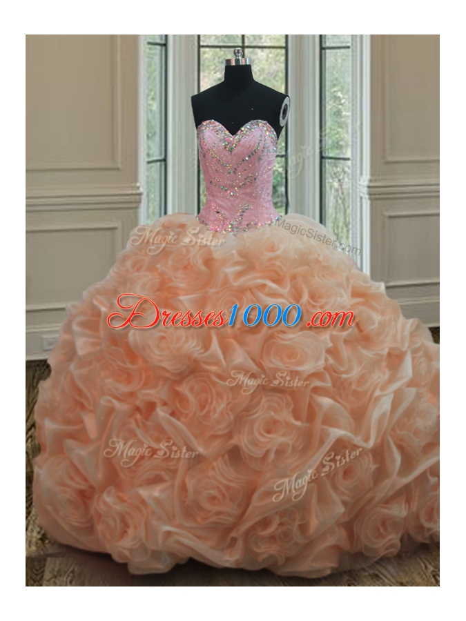 Fine Pick Ups Peach Sleeveless Organza Sweep Train Lace Up Sweet 16 Quinceanera Dress for Military Ball and Sweet 16 and Quinceanera