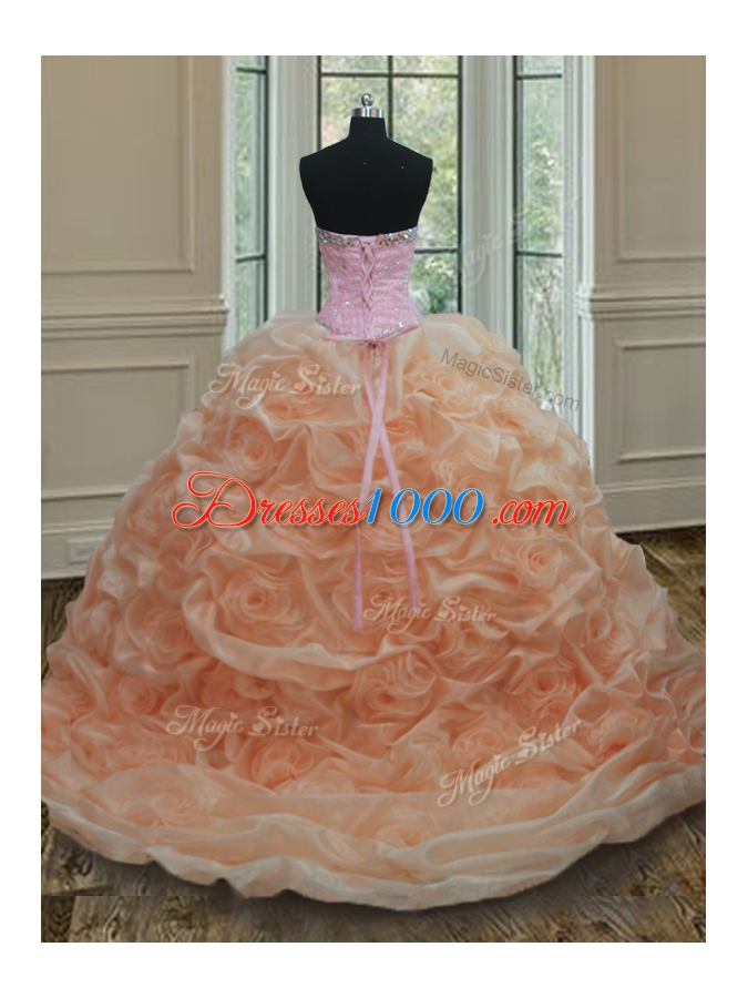 Fine Pick Ups Peach Sleeveless Organza Sweep Train Lace Up Sweet 16 Quinceanera Dress for Military Ball and Sweet 16 and Quinceanera