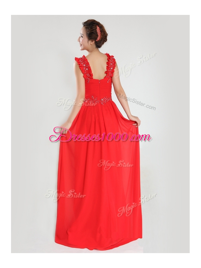 Fitting Sleeveless Chiffon Floor Length Zipper Dress for Prom in Coral Red for with Beading and Ruching