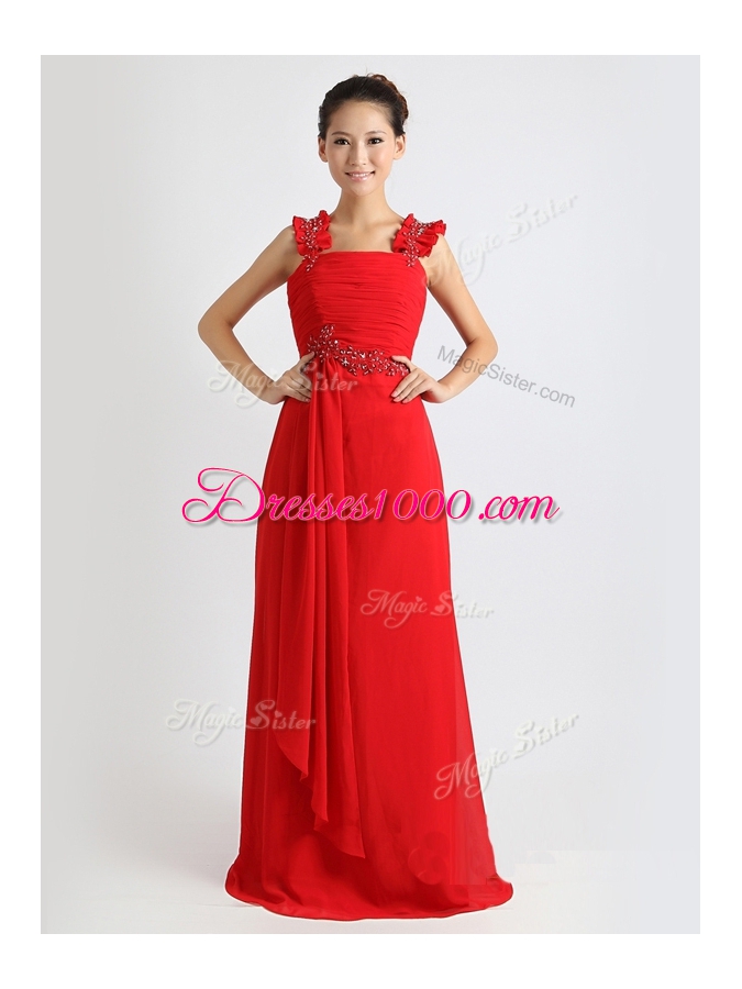 Fitting Sleeveless Chiffon Floor Length Zipper Dress for Prom in Coral Red for with Beading and Ruching