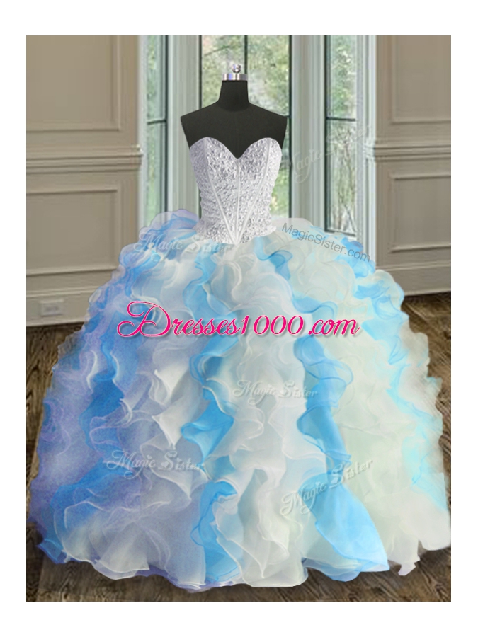 Floor Length Blue And White Quinceanera Gowns Sweetheart Sleeveless Lace Up