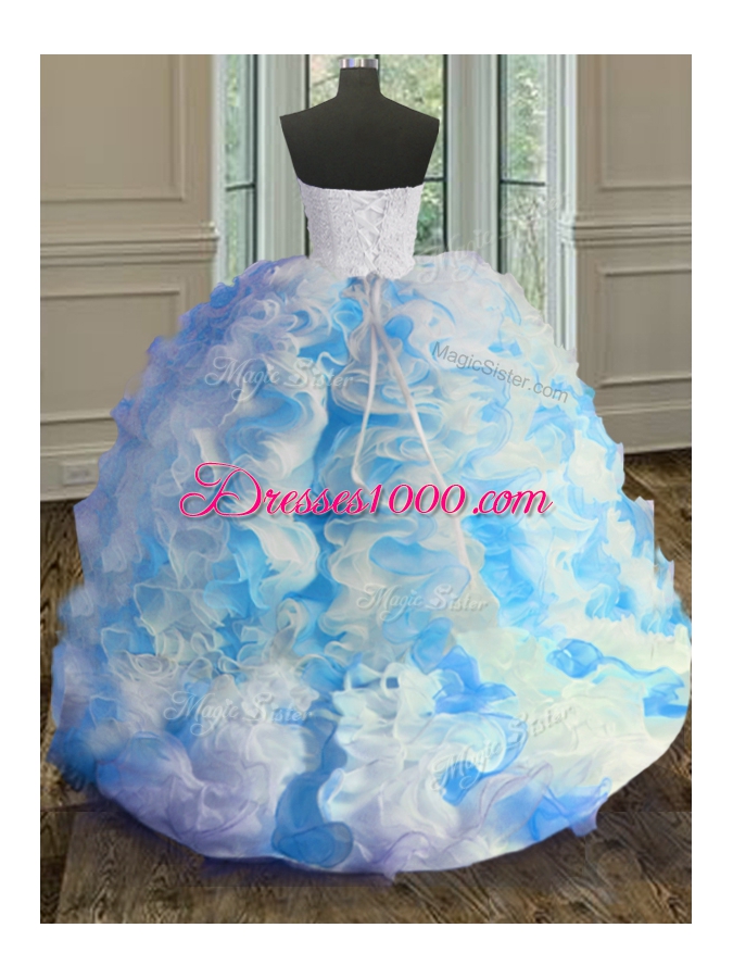 Floor Length Blue And White Quinceanera Gowns Sweetheart Sleeveless Lace Up