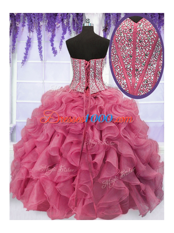 Four Piece Sequins Ruffled Floor Length Ball Gowns Sleeveless Pink Quinceanera Dress Lace Up