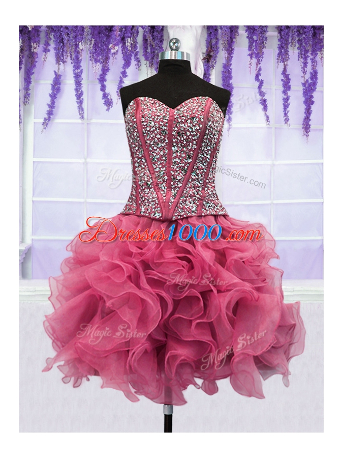 Four Piece Sequins Ruffled Floor Length Ball Gowns Sleeveless Pink Quinceanera Dress Lace Up