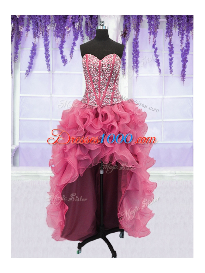 Four Piece Sequins Ruffled Floor Length Ball Gowns Sleeveless Pink Quinceanera Dress Lace Up