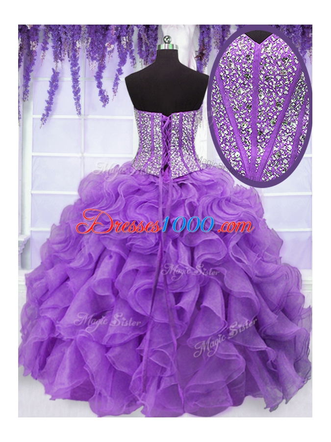 Four Piece Sweetheart Sleeveless Quinceanera Dress Floor Length Ruffles and Sequins Eggplant Purple Organza