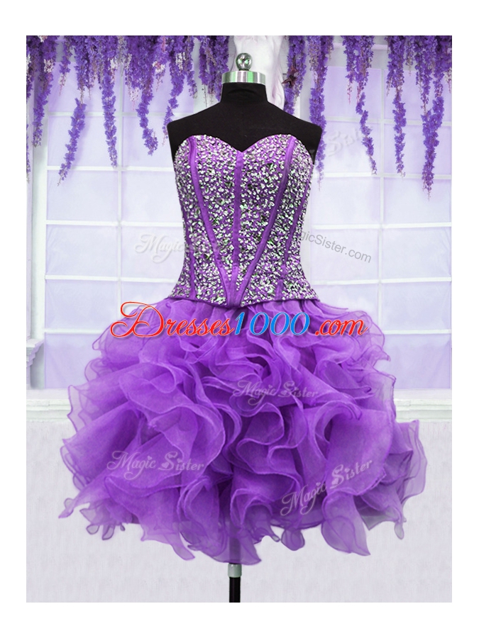 Four Piece Sweetheart Sleeveless Quinceanera Dress Floor Length Ruffles and Sequins Eggplant Purple Organza