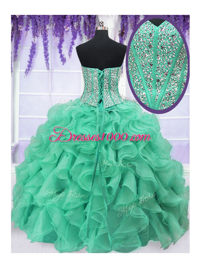 Four Piece Turquoise Organza Lace Up Sweetheart Sleeveless Floor Length 15 Quinceanera Dress Ruffles and Sequins
