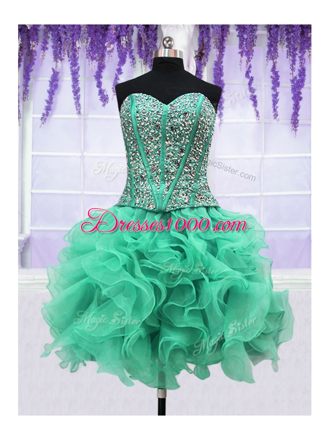 Four Piece Turquoise Organza Lace Up Sweetheart Sleeveless Floor Length 15 Quinceanera Dress Ruffles and Sequins