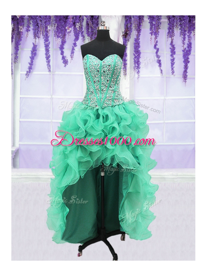 Four Piece Turquoise Organza Lace Up Sweetheart Sleeveless Floor Length 15 Quinceanera Dress Ruffles and Sequins