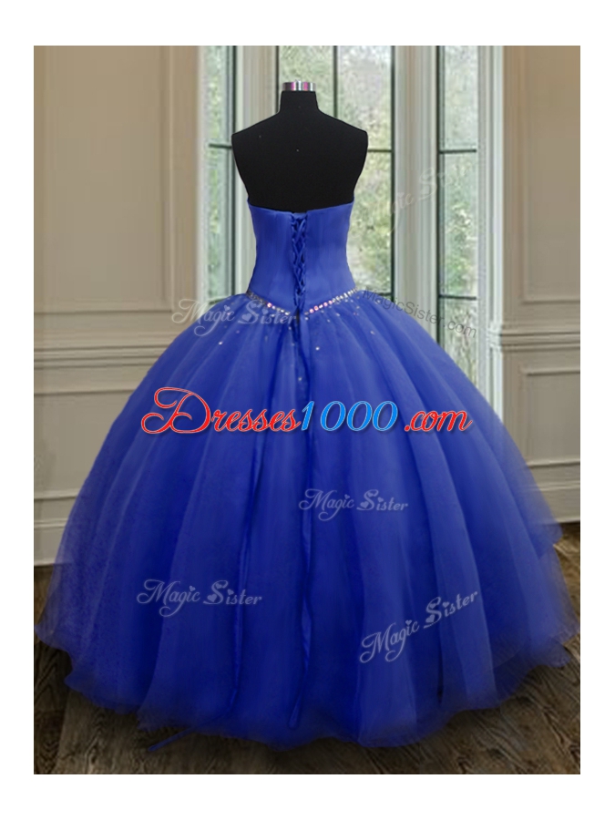 Low Price Floor Length Royal Blue 15th Birthday Dress Organza Sleeveless Beading and Belt