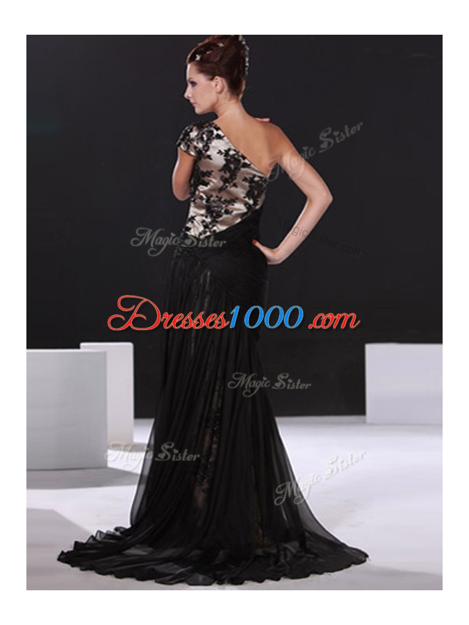 One Shoulder Black Cap Sleeves Chiffon Brush Train Side Zipper Prom Dress for Prom and Party