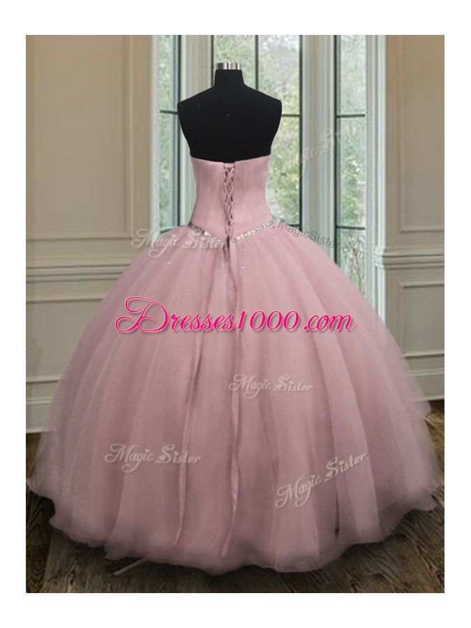 Organza Sweetheart Sleeveless Lace Up Beading and Belt Sweet 16 Dress in Baby Pink