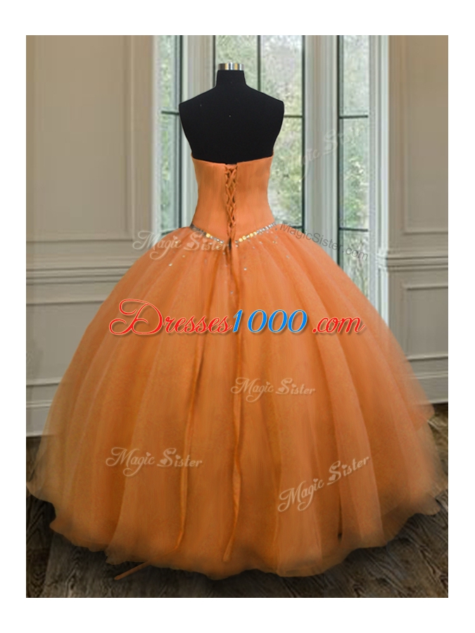 Popular Orange Sleeveless Floor Length Beading Lace Up Sweet 16 Dresses