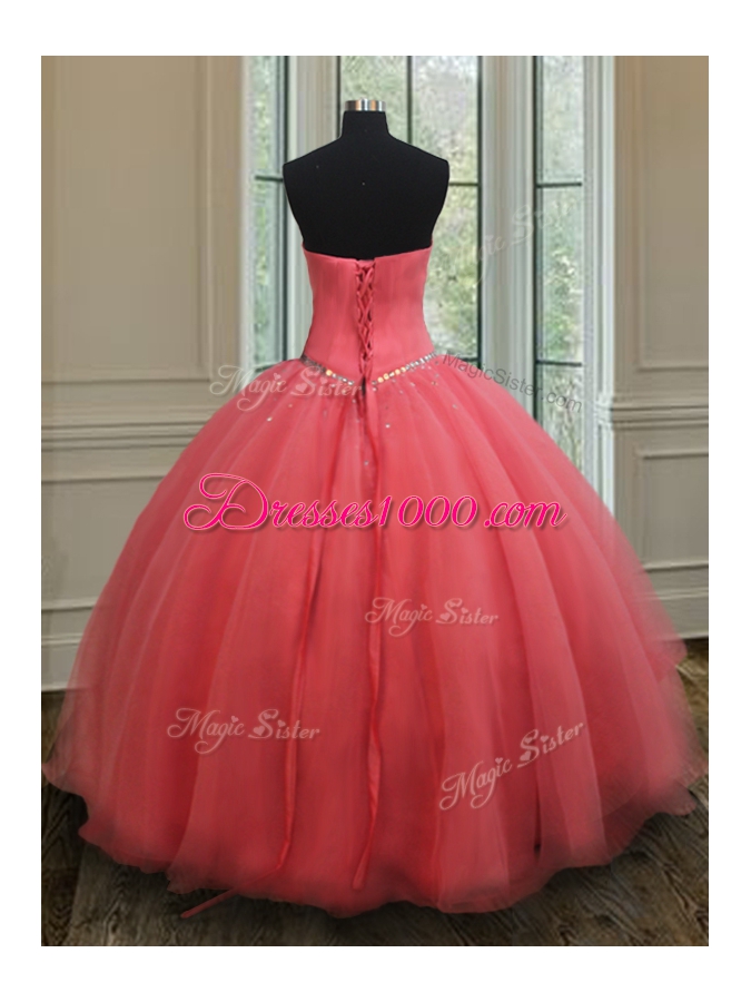 Romantic Watermelon Red Sleeveless Organza Lace Up Quinceanera Gown for Military Ball and Sweet 16 and Quinceanera