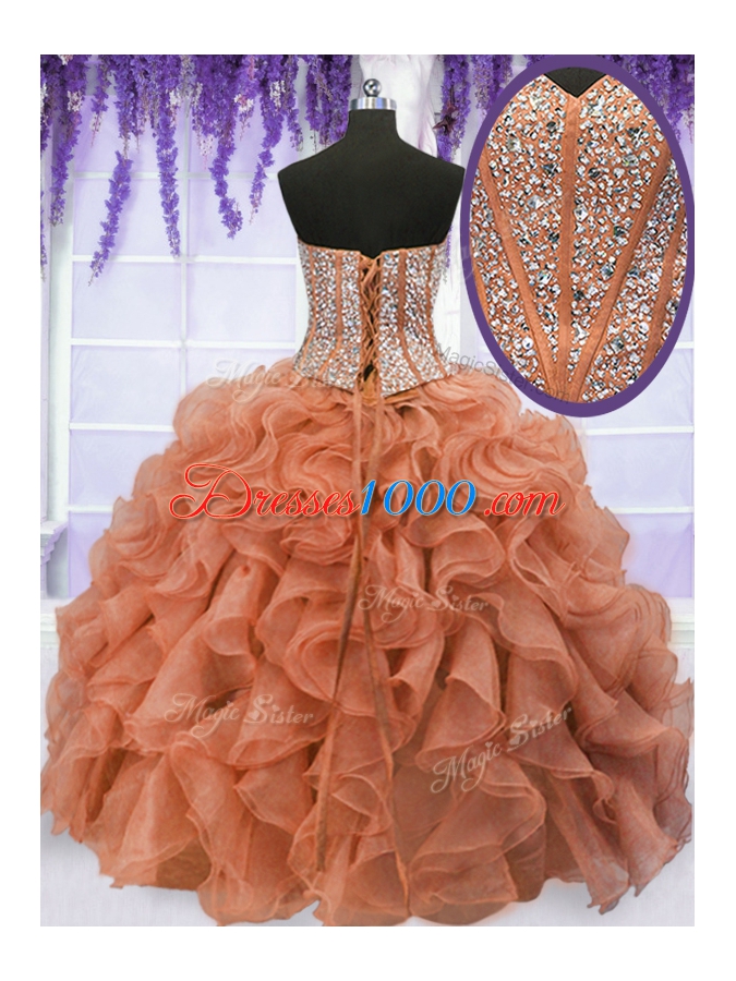 Sexy Four Piece Organza Sleeveless Floor Length Ball Gown Prom Dress and Beading and Ruffles