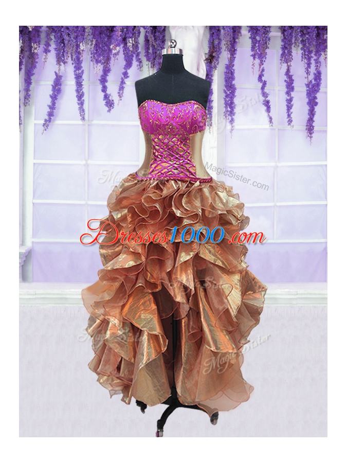 Shining Four Piece Orange Organza Lace Up Quinceanera Dresses Sleeveless Floor Length Embroidery and Ruffles