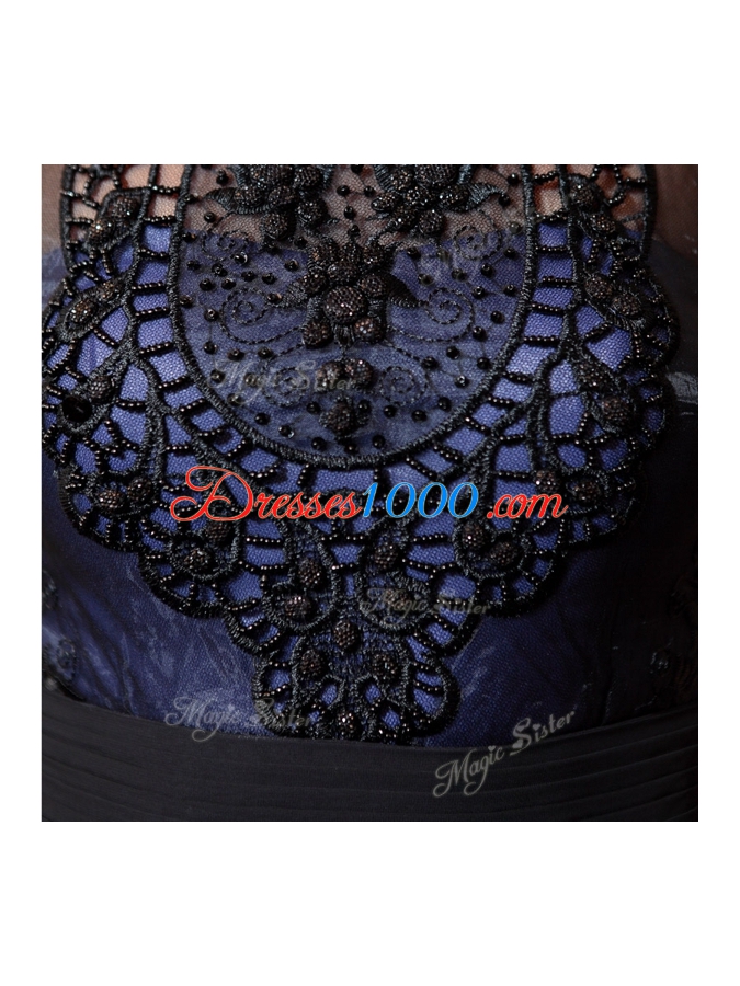 Sleeveless Chiffon Floor Length Side Zipper in Blue And Black for with Beading and Appliques