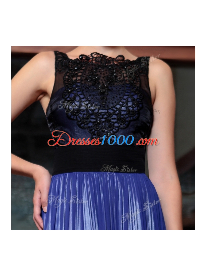 Sleeveless Chiffon Floor Length Side Zipper in Blue And Black for with Beading and Appliques