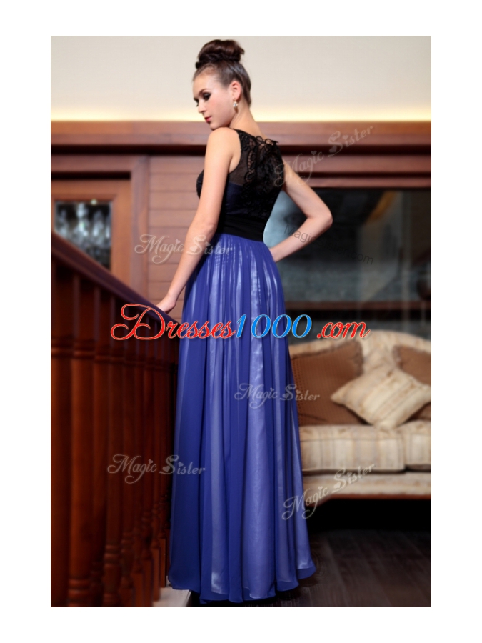 Sleeveless Chiffon Floor Length Side Zipper in Blue And Black for with Beading and Appliques
