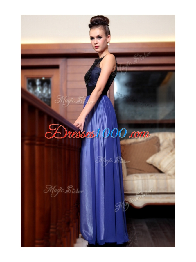 Sleeveless Chiffon Floor Length Side Zipper in Blue And Black for with Beading and Appliques