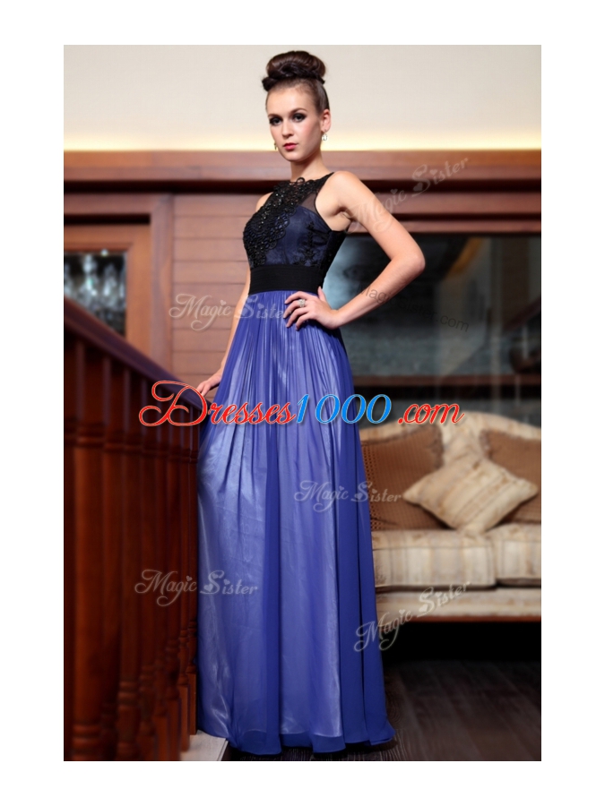 Sleeveless Chiffon Floor Length Side Zipper in Blue And Black for with Beading and Appliques