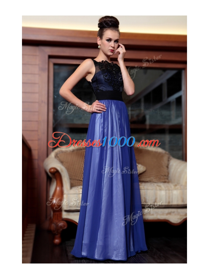 Sleeveless Chiffon Floor Length Side Zipper in Blue And Black for with Beading and Appliques