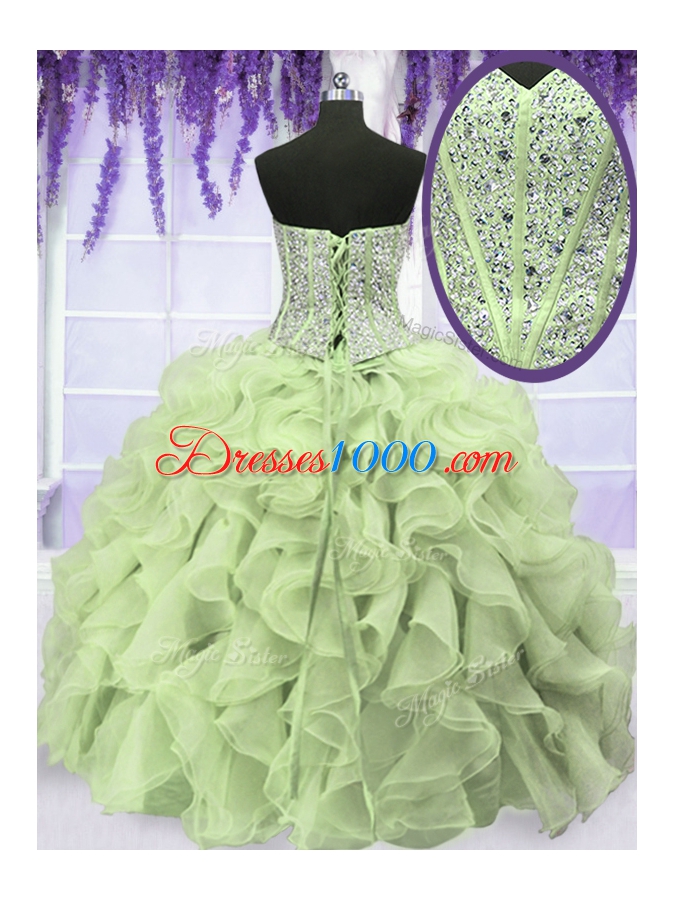 Sleeveless Floor Length Beading and Ruffles Lace Up 15th Birthday Dress with Yellow Green