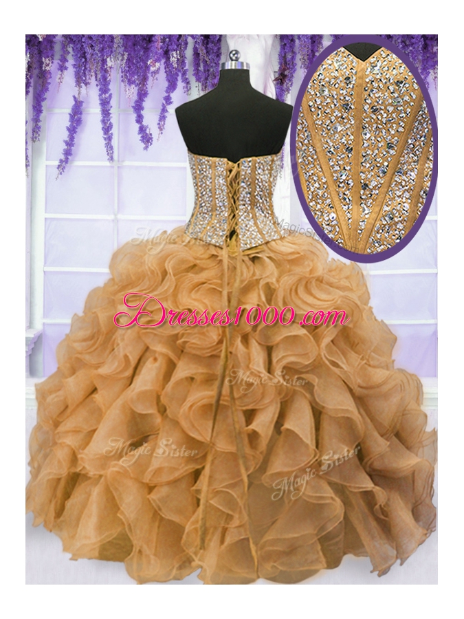Traditional Four Piece Gold Ball Gowns Beading and Ruffles 15th Birthday Dress Lace Up Organza Sleeveless Floor Length