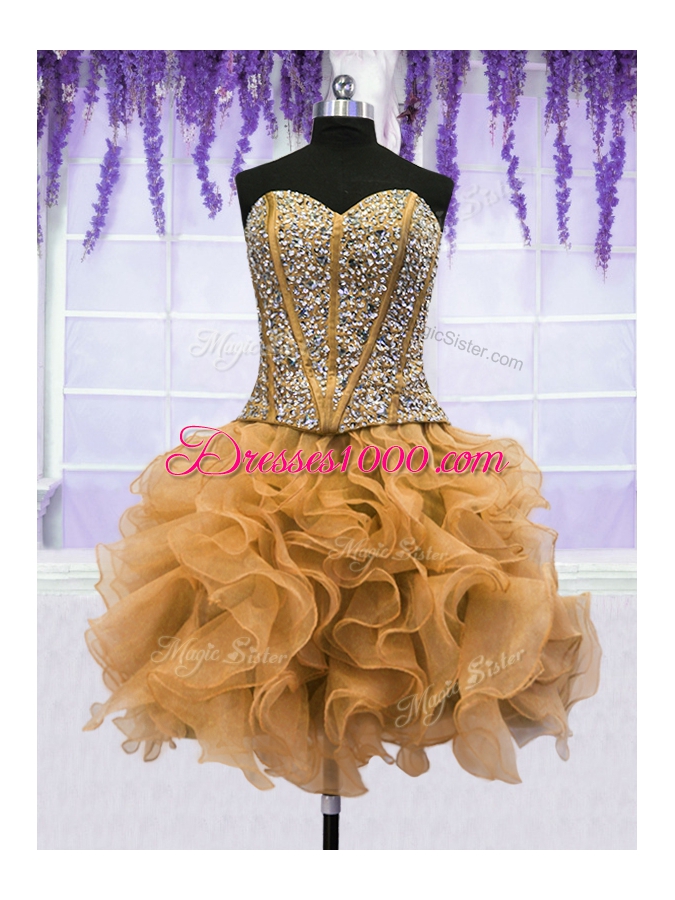 Traditional Four Piece Gold Ball Gowns Beading and Ruffles 15th Birthday Dress Lace Up Organza Sleeveless Floor Length