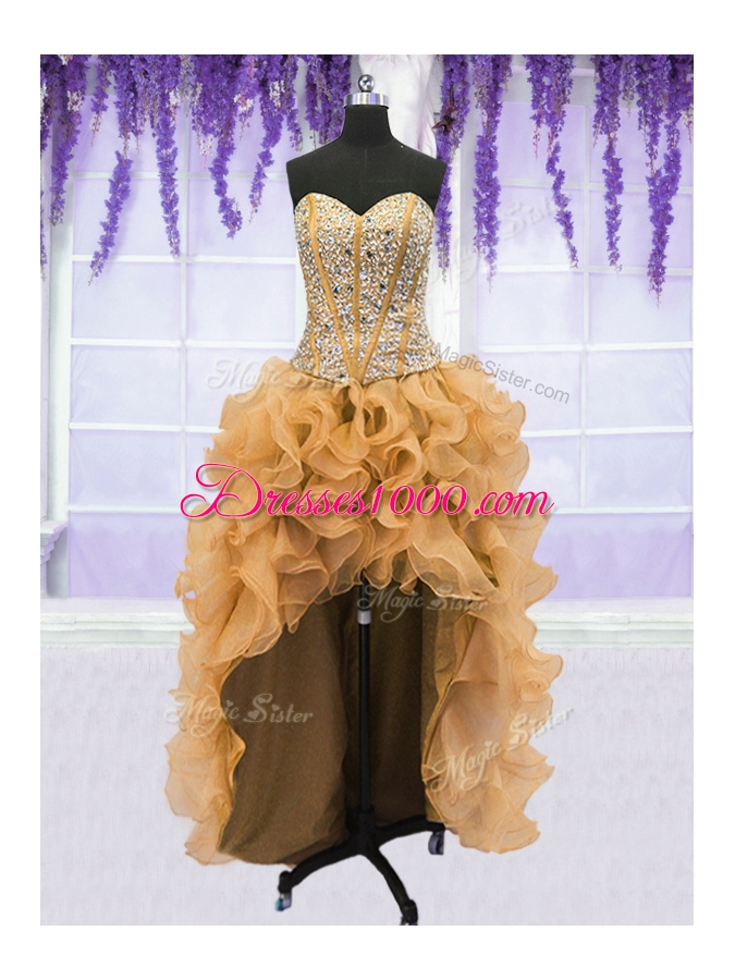 Traditional Four Piece Gold Ball Gowns Beading and Ruffles 15th Birthday Dress Lace Up Organza Sleeveless Floor Length