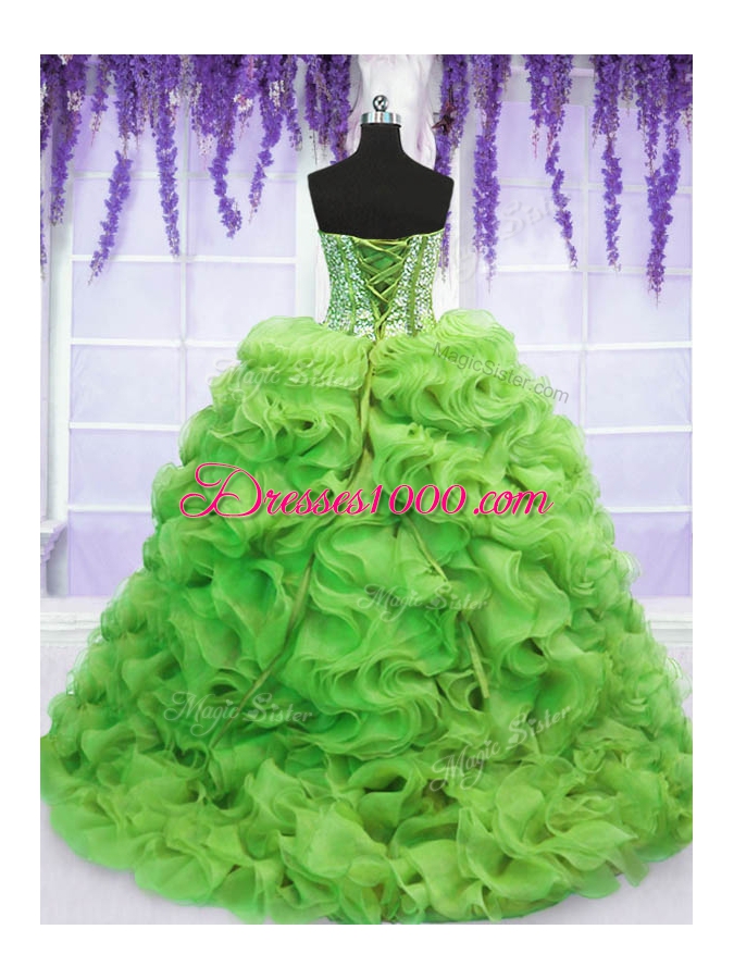 Ball Gowns Organza Sweetheart Sleeveless Beading and Ruffles Lace Up Sweet 16 Dresses Sweep Train