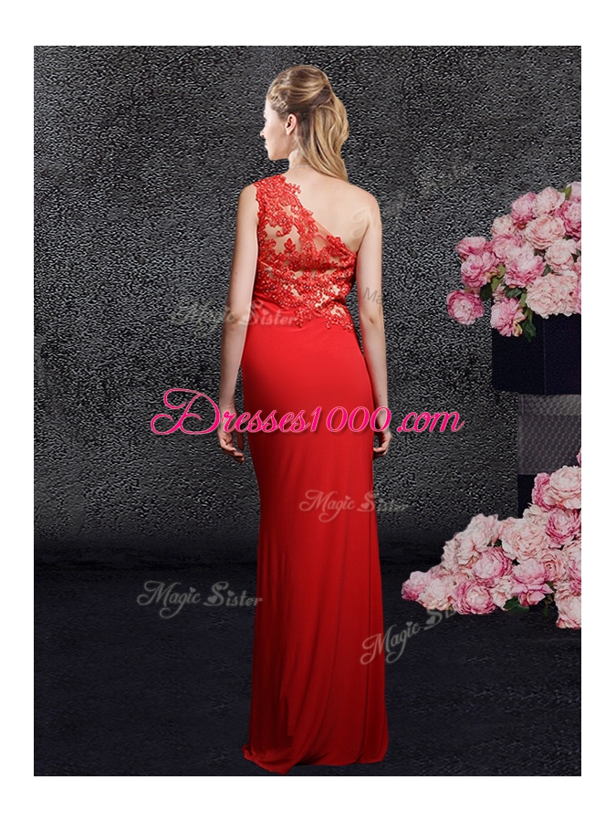 Custom Design One Shoulder Sleeveless Homecoming Dress Floor Length Lace and Appliques Red Chiffon
