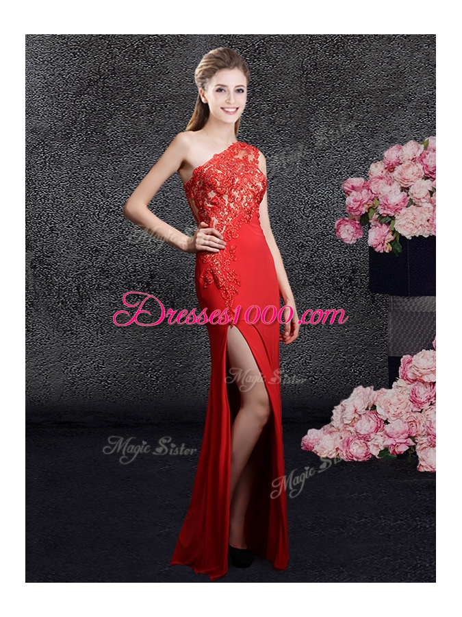 Custom Design One Shoulder Sleeveless Homecoming Dress Floor Length Lace and Appliques Red Chiffon