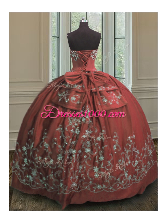 Custom Fit Rust Red Strapless Neckline Embroidery 15 Quinceanera Dress Sleeveless Lace Up