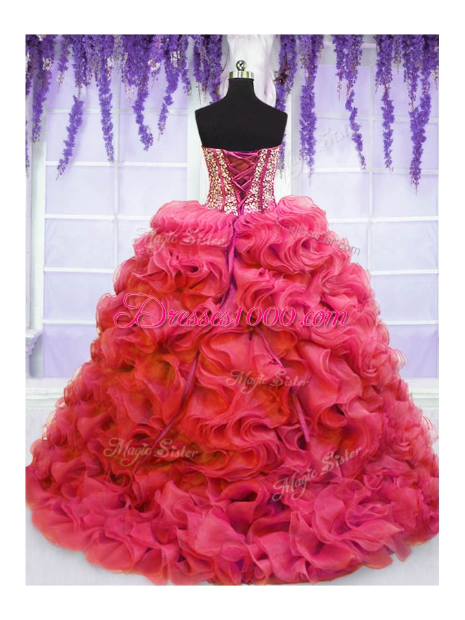 Customized Sleeveless Organza Lace Up Quince Ball Gowns in Coral Red for with Beading and Ruffles