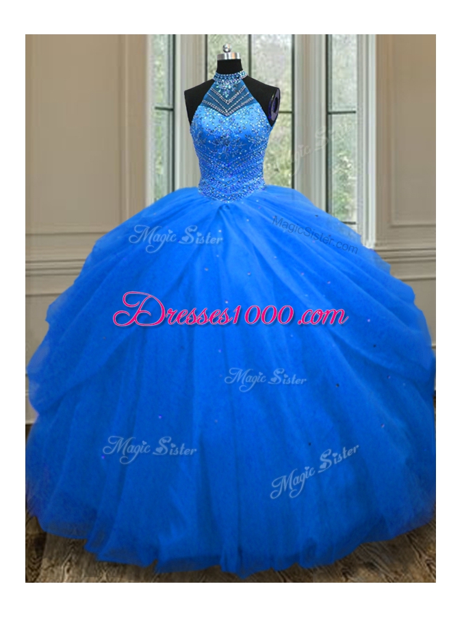 Halter Top Tulle Sleeveless Floor Length 15 Quinceanera Dress and Beading