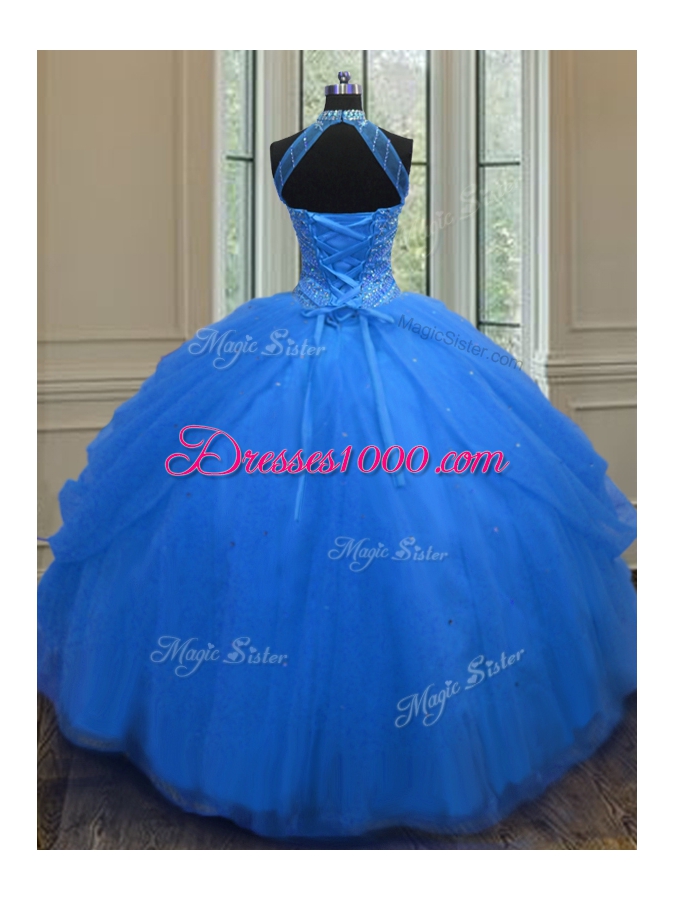 Halter Top Tulle Sleeveless Floor Length 15 Quinceanera Dress and Beading