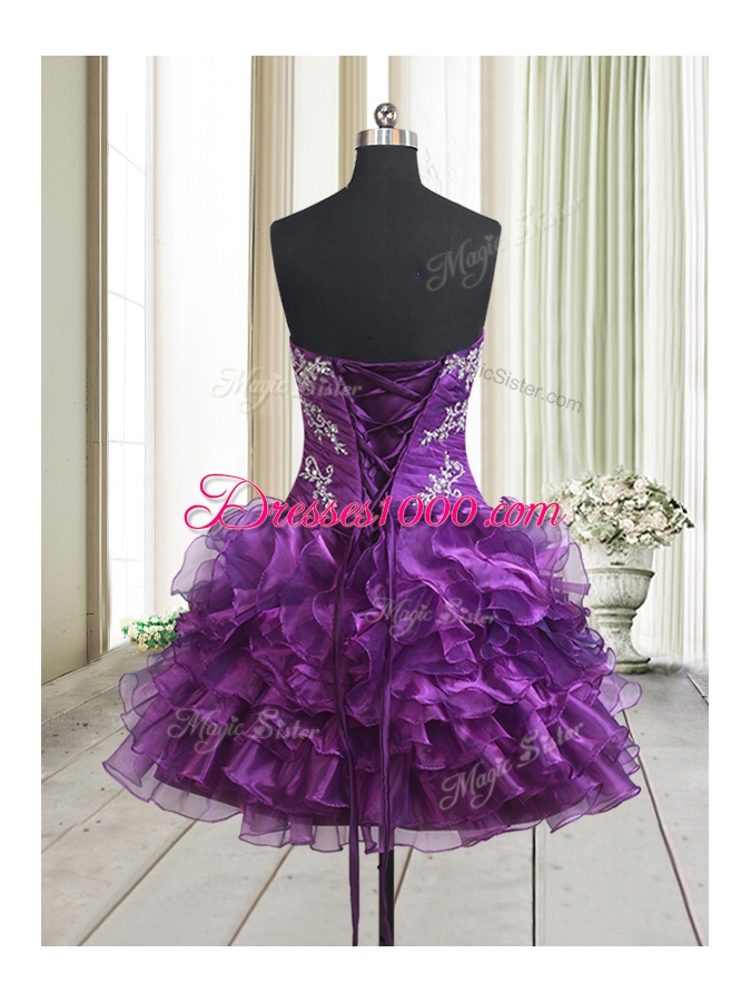 Modern Sleeveless Mini Length Beading and Ruffled Layers Lace Up High School Pageant Dress with Purple