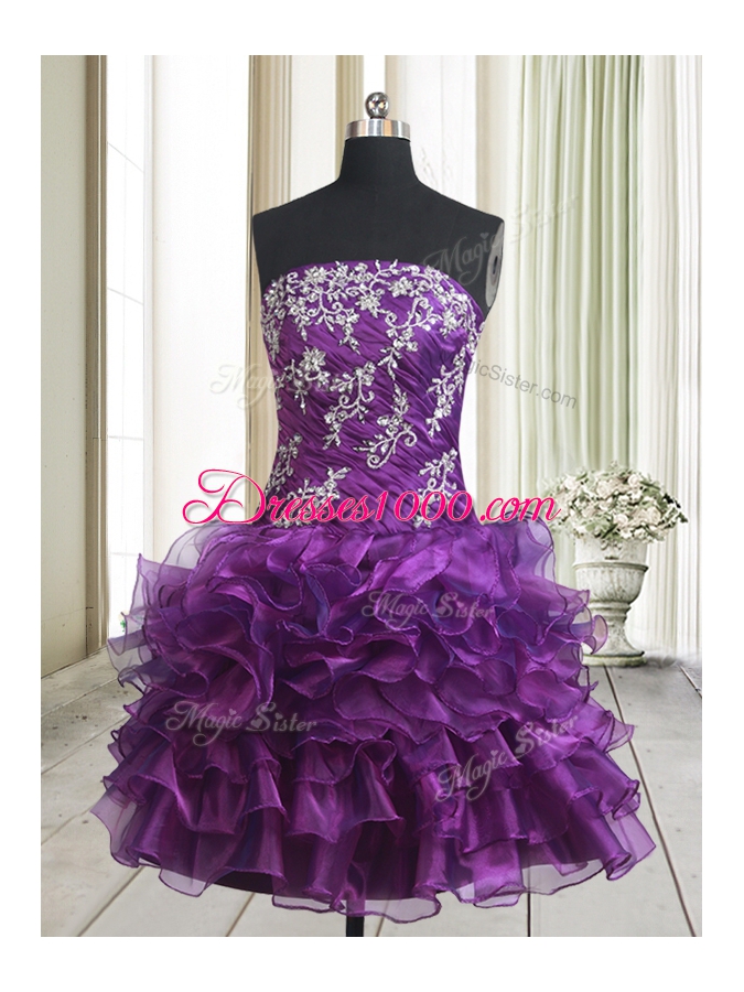 Modern Sleeveless Mini Length Beading and Ruffled Layers Lace Up High School Pageant Dress with Purple