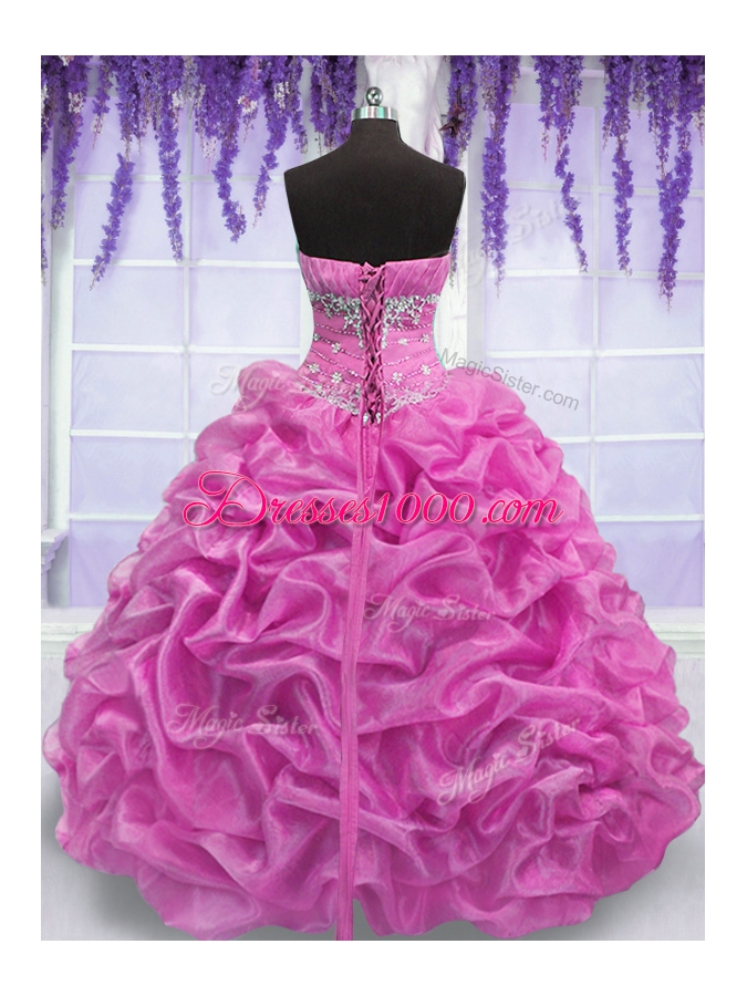 Noble Rose Pink Organza Lace Up Quinceanera Dresses Sleeveless Floor Length Beading