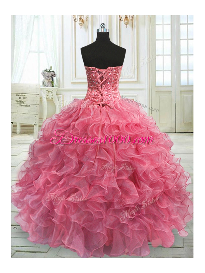 Rose Pink Sleeveless Floor Length Beading and Ruffles Lace Up Quinceanera Gowns