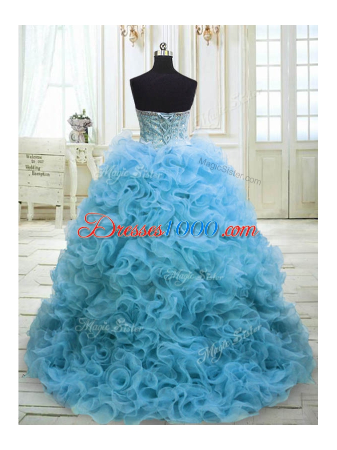 Sleeveless Organza Sweep Train Lace Up Sweet 16 Dress in Baby Blue for with Beading and Sequins