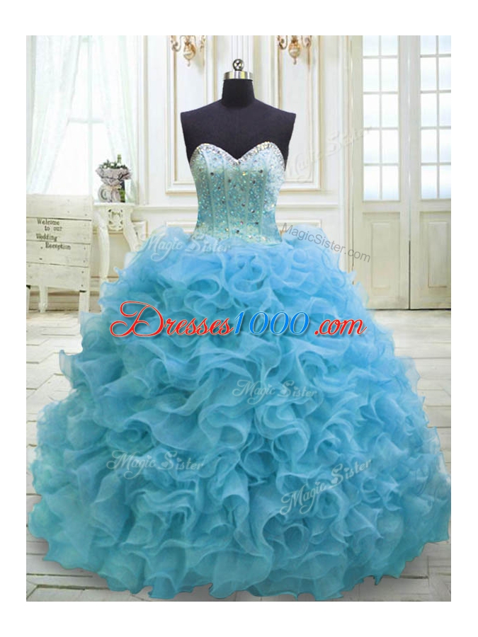 Sleeveless Organza Sweep Train Lace Up Sweet 16 Dress in Baby Blue for with Beading and Sequins